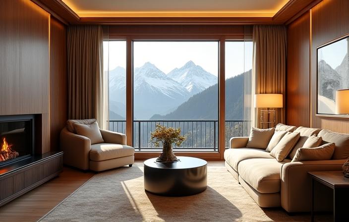 Luxuriöses Interieur eines Schweizer Grandhotels mit Bergblick
