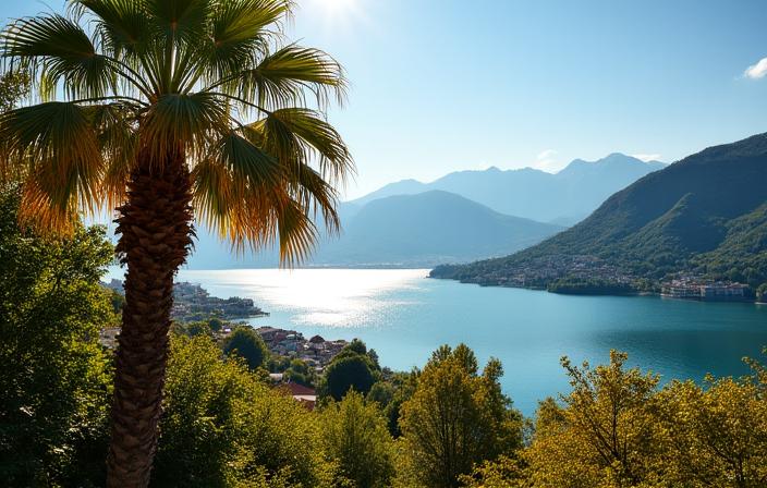 Palmen am Ufer eines Sees im Tessin mit Alpen im Hintergrund