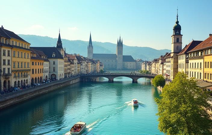 Historische Altstadt von Zürich mit Limmat und Grossmünster